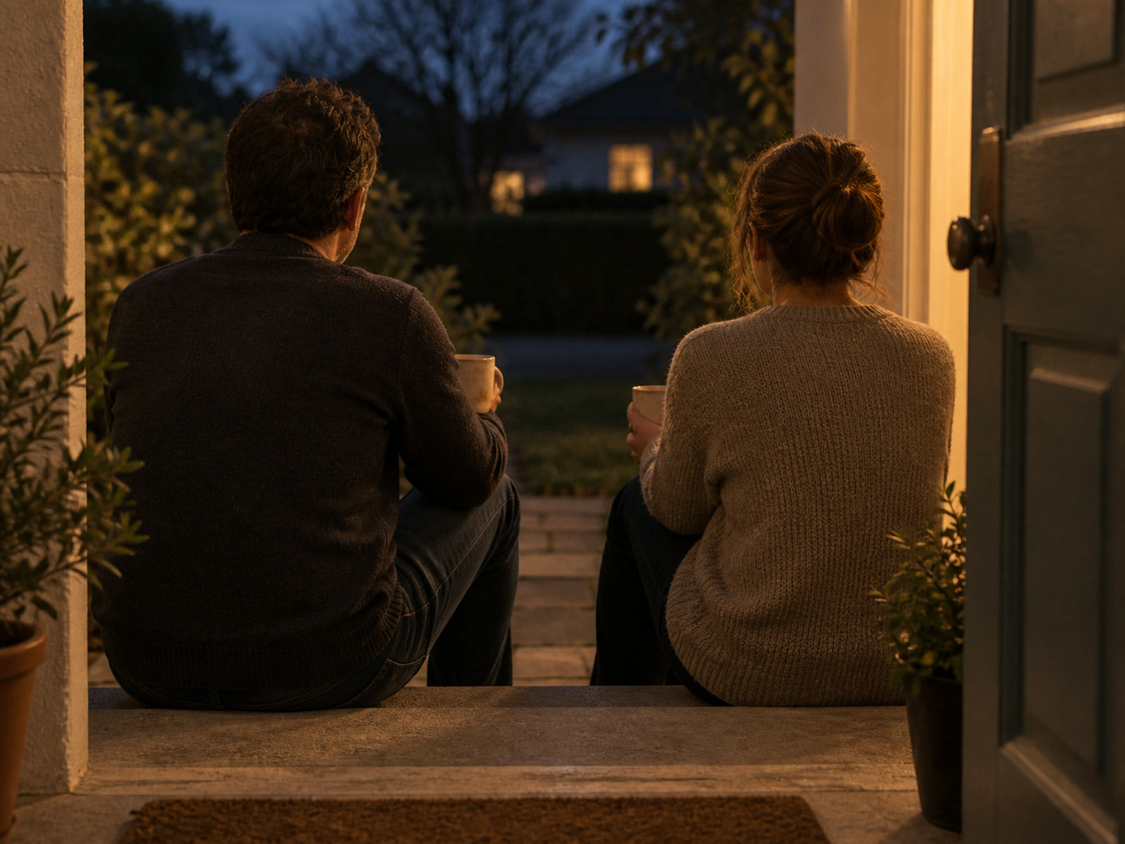 Two people sitting on a doorstep with mugs, seen from behind, not talking