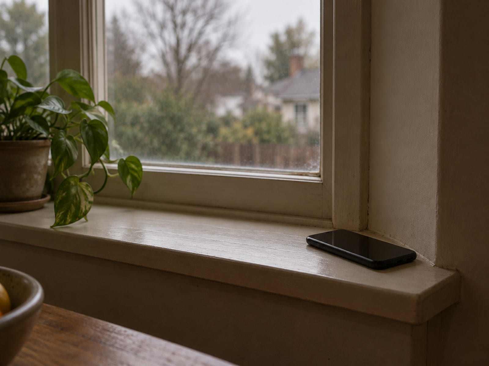 A mobile phone on a windowsill, screen dark, gray daylight