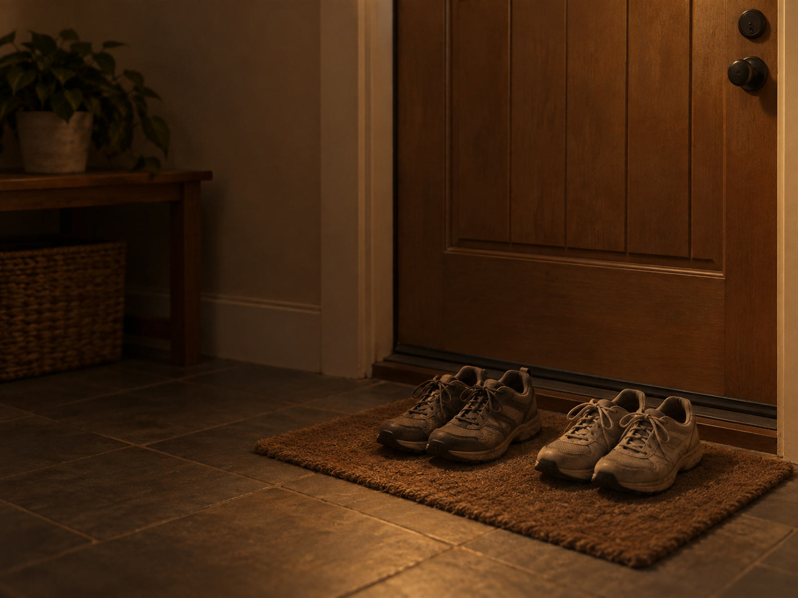 Two pairs of walking shoes side by side on a doormat beside a closed front door