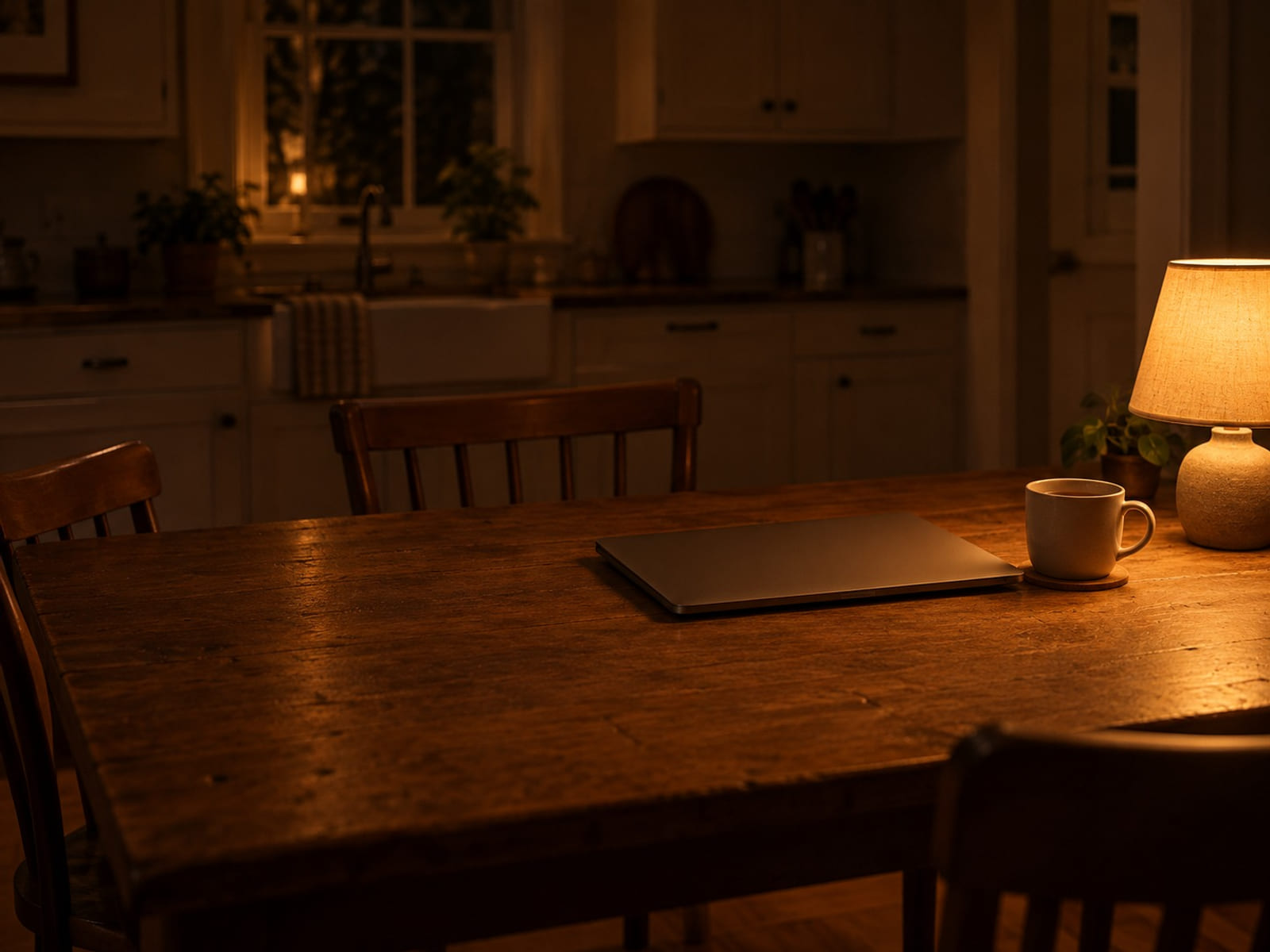 A closed laptop and a cold mug of tea on a kitchen table beside a small lamp