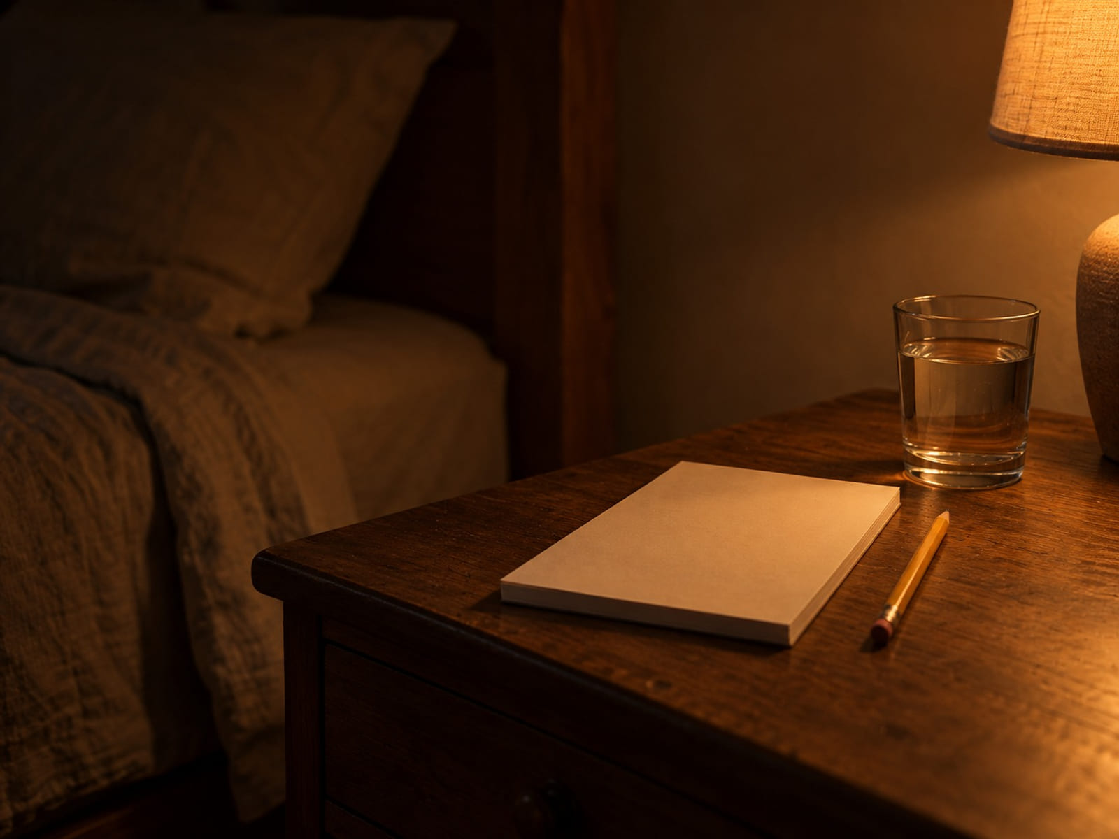 A blank notepad and a pencil on a bedside table beside a glass of water