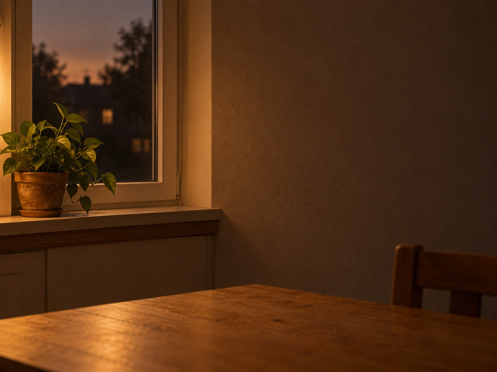 A window at dusk with the last light fading, a houseplant on the sill