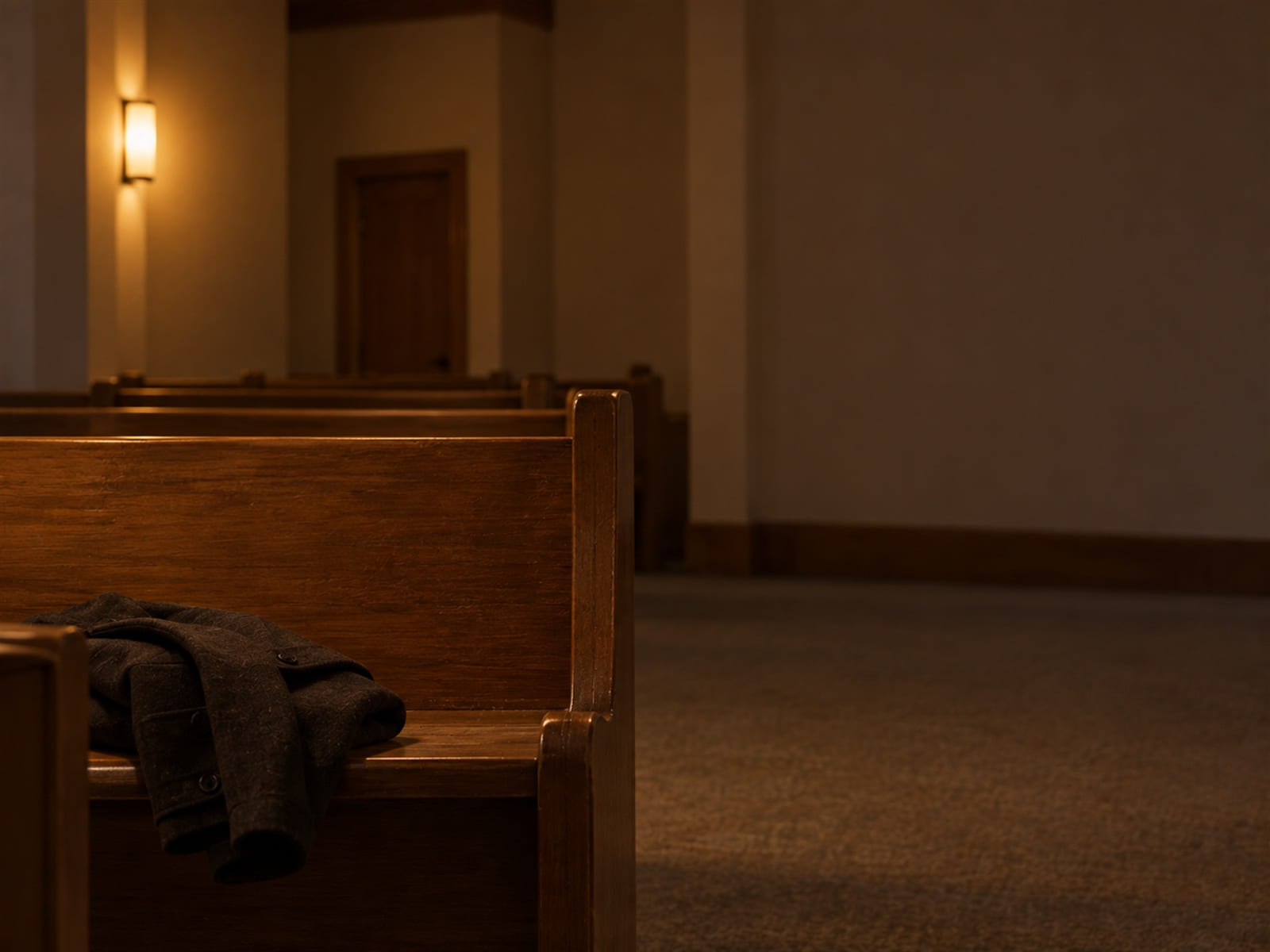 A church pew near the back of an empty sanctuary, a coat left folded on the seat