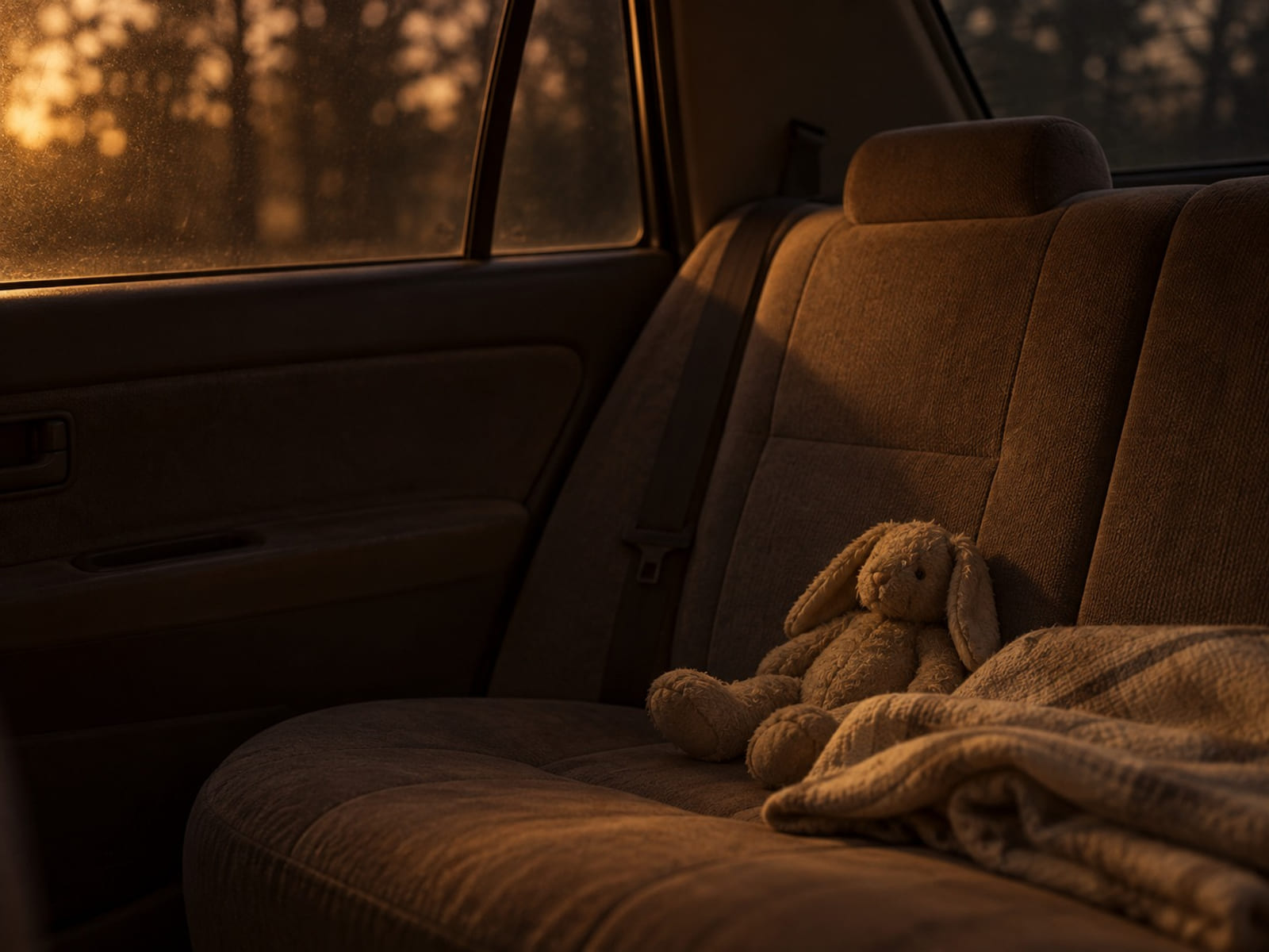 A small stuffed rabbit and a folded blanket on the back seat of a car in evening light