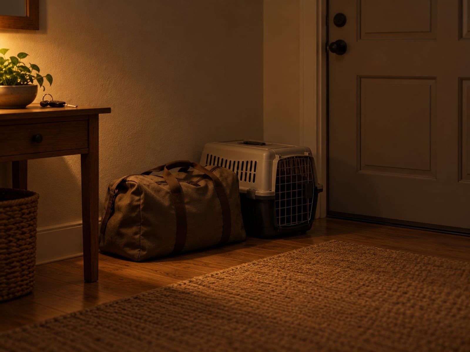 A packed duffel bag and an empty pet carrier beside a front door, with a set of car keys on a small table