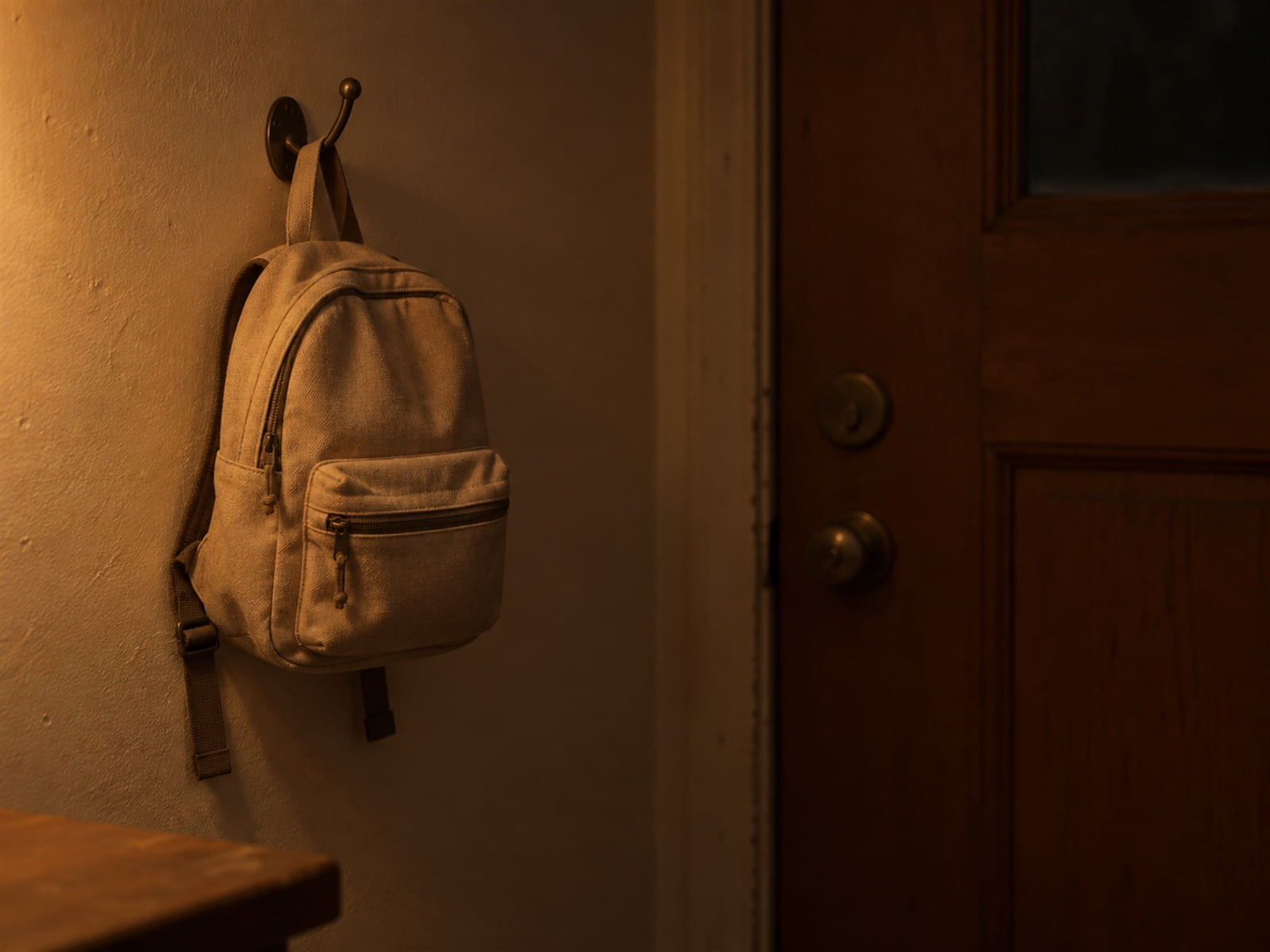 A child’s backpack hanging on a hook by the front door in evening light