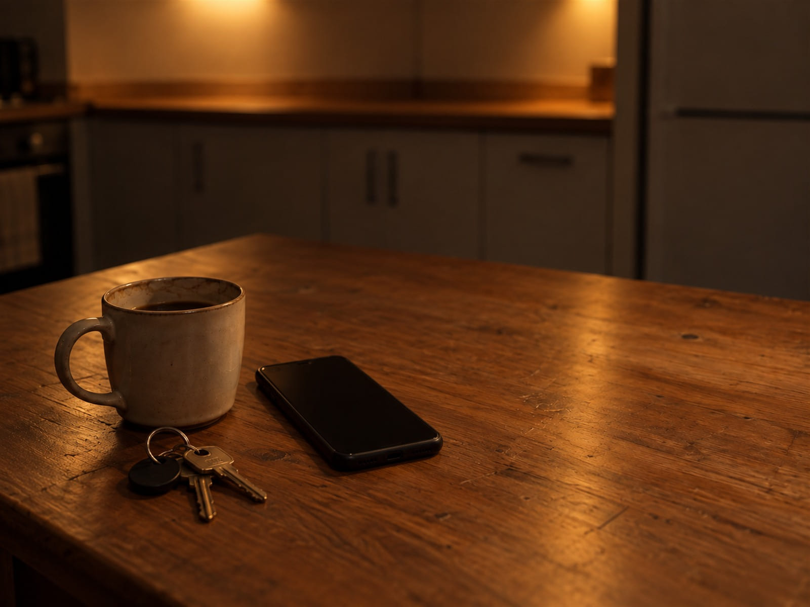 A dark phone lying on a kitchen counter beside car keys and a half-finished mug of coffee