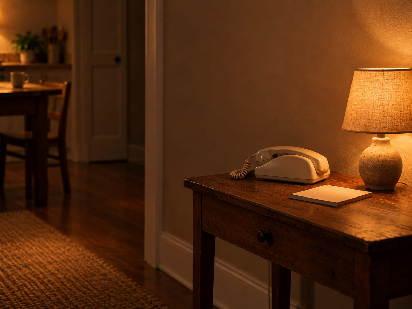 A landline phone on a small hallway table beside a lamp and a blank notepad