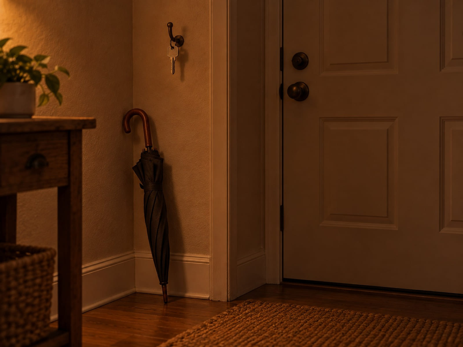 A house key hanging on a hook beside a front door, with a folded umbrella below it