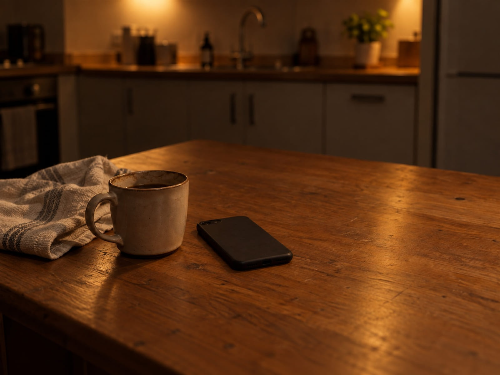 A phone lying face down on a kitchen table beside a mug and a folded dish towel