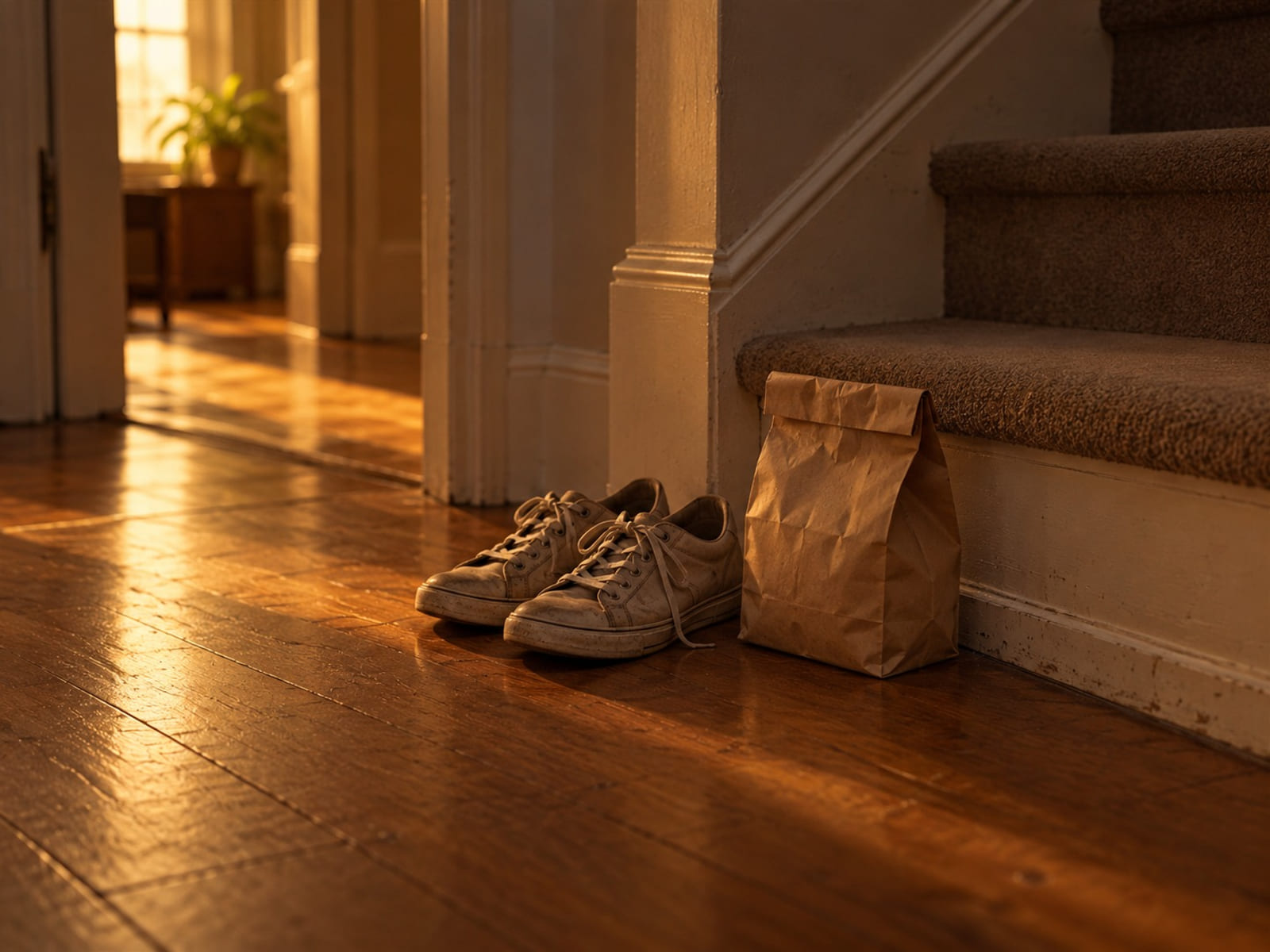 A pair of sneakers and a paper lunch bag on the bottom stair in early morning light