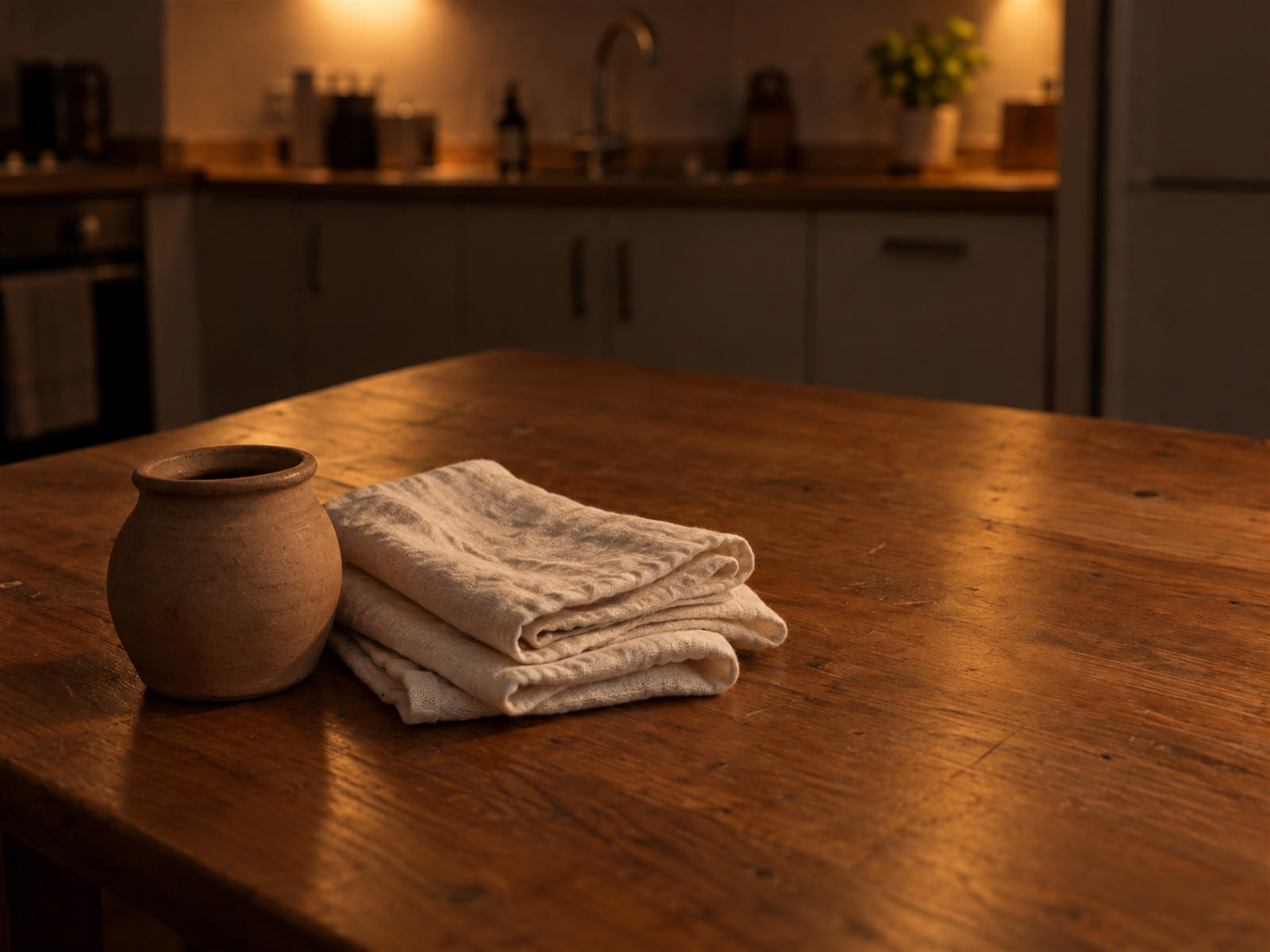 Folded white linen cloths stacked on a wooden table beside a small clay jar