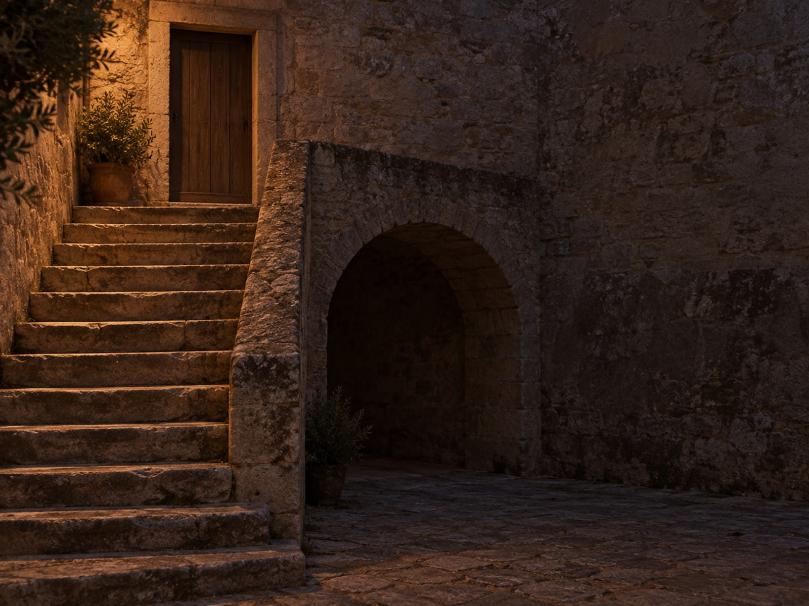Worn stone steps climbing to a closed wooden door above an old archway at dusk