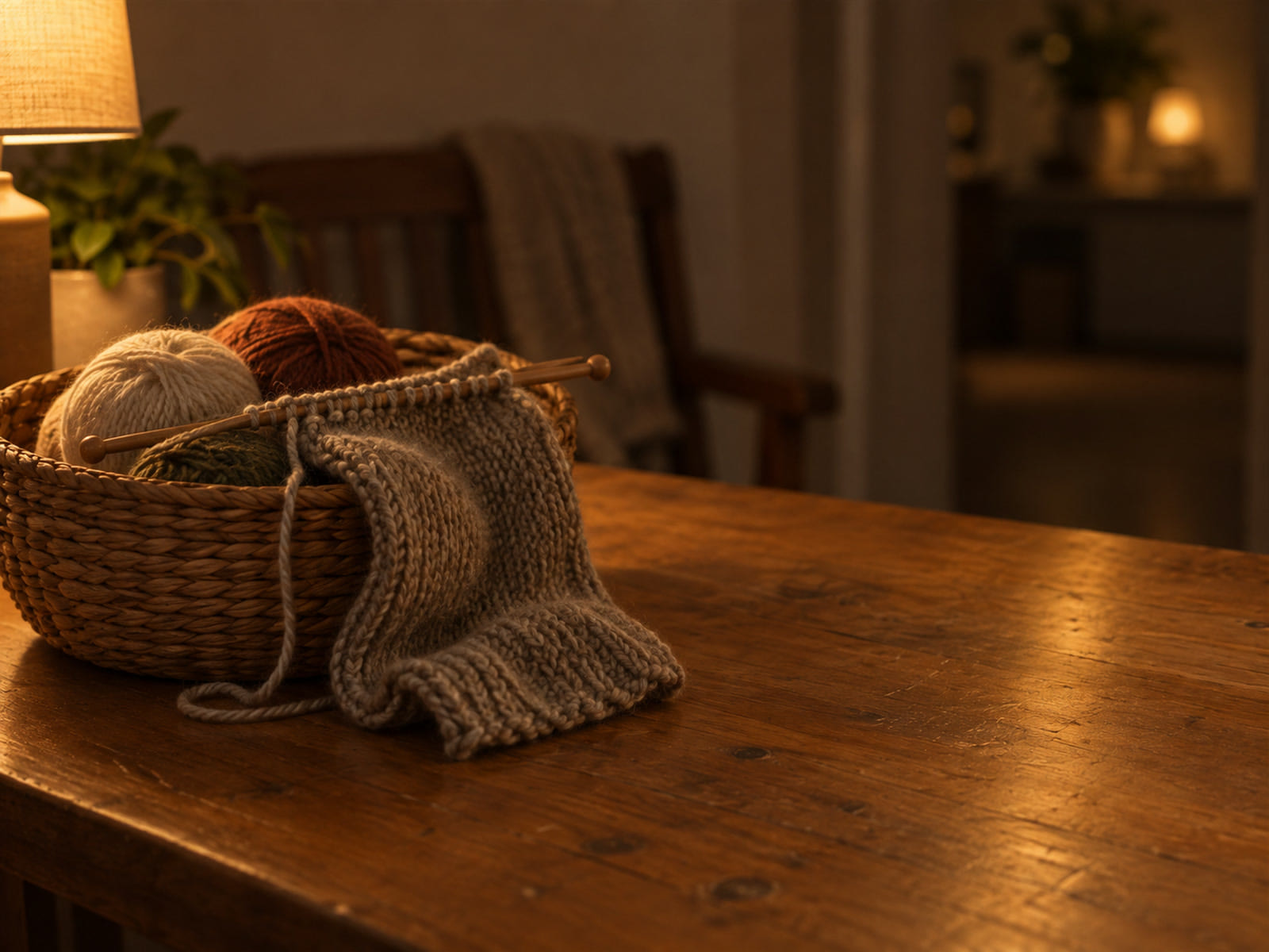 A half-knitted scarf on its needles in a basket of yarn
