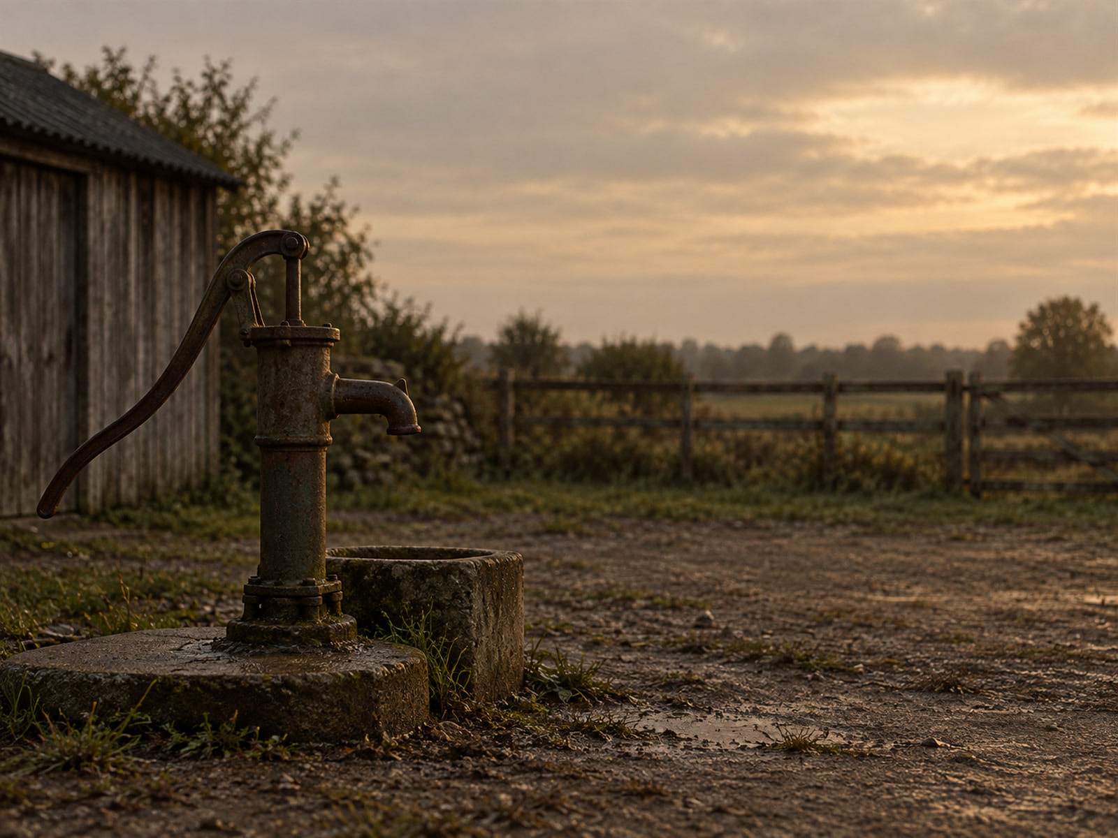 An old hand water pump in a farmyard under a pale sky
