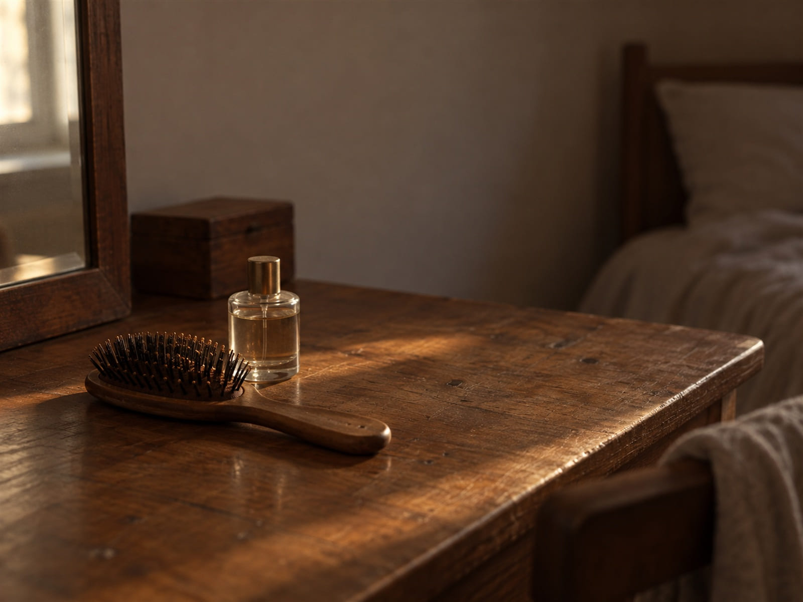 A hairbrush and a small glass perfume bottle on a dressing table in soft afternoon light