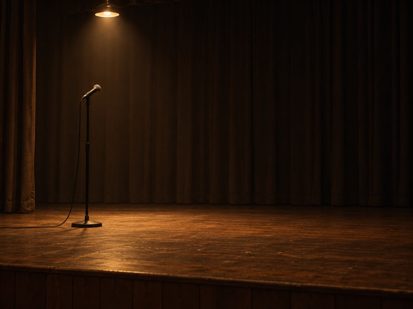 A microphone on a stand at the front of an empty stage under a single overhead light