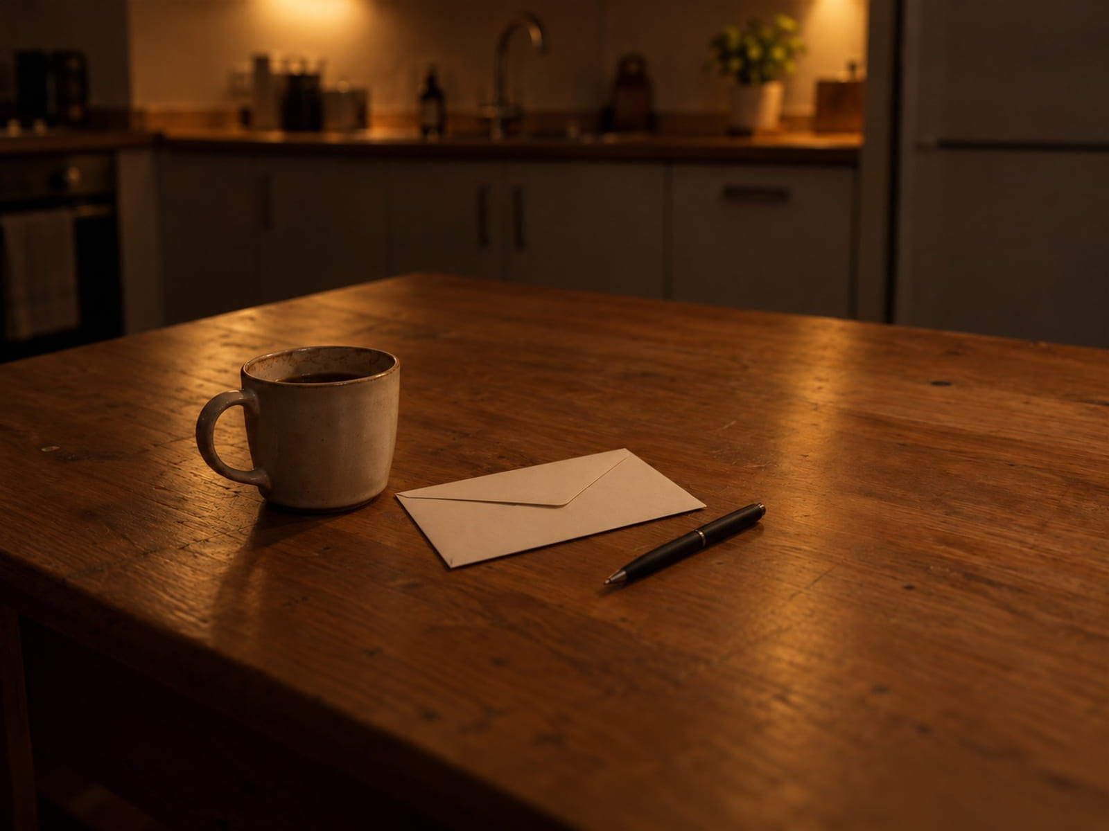 A plain unsealed envelope on a kitchen table beside a pen and a ceramic mug