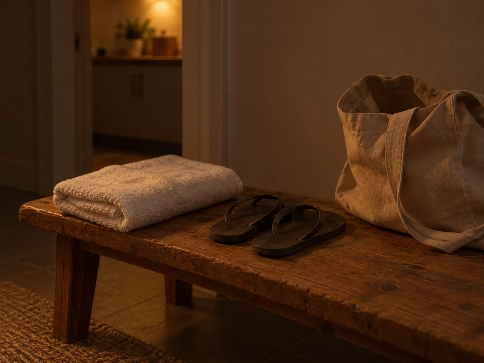A folded white towel and a pair of flip-flops on a wooden bench beside an open canvas bag