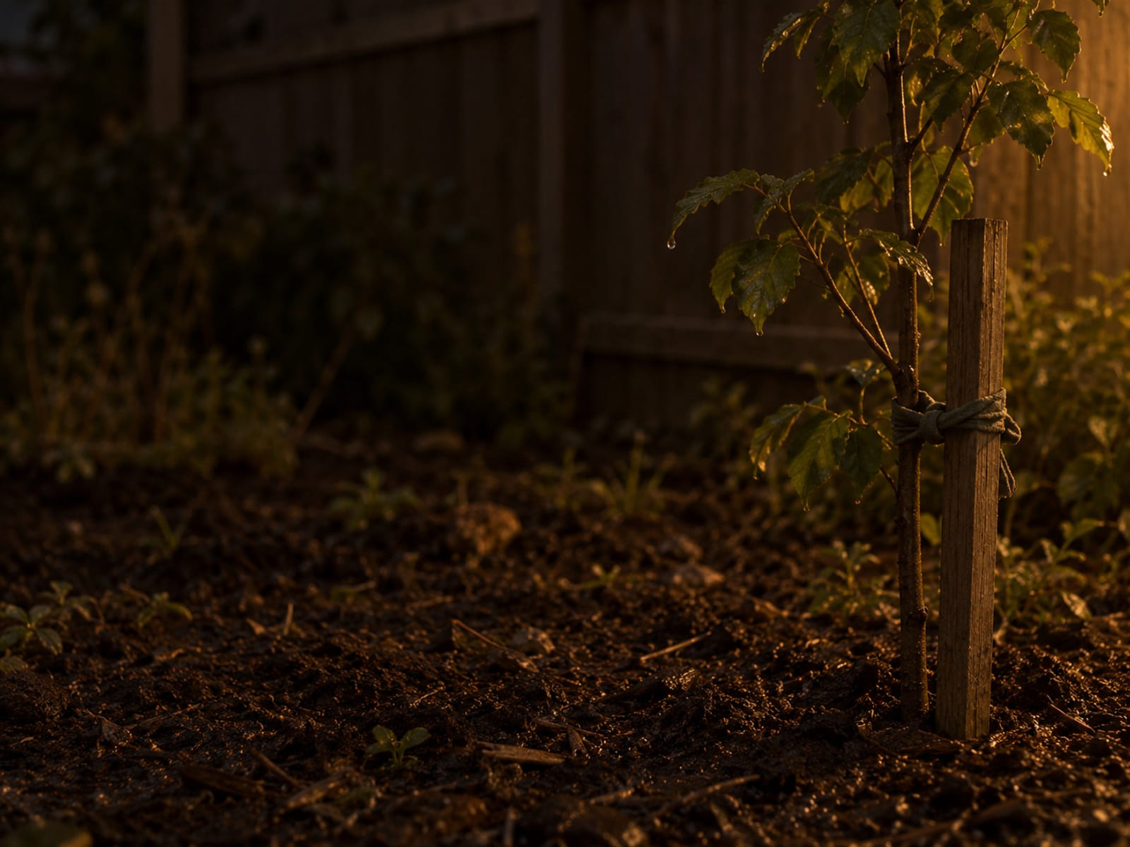 A young tree tied loosely to a wooden stake in a garden bed after rain
