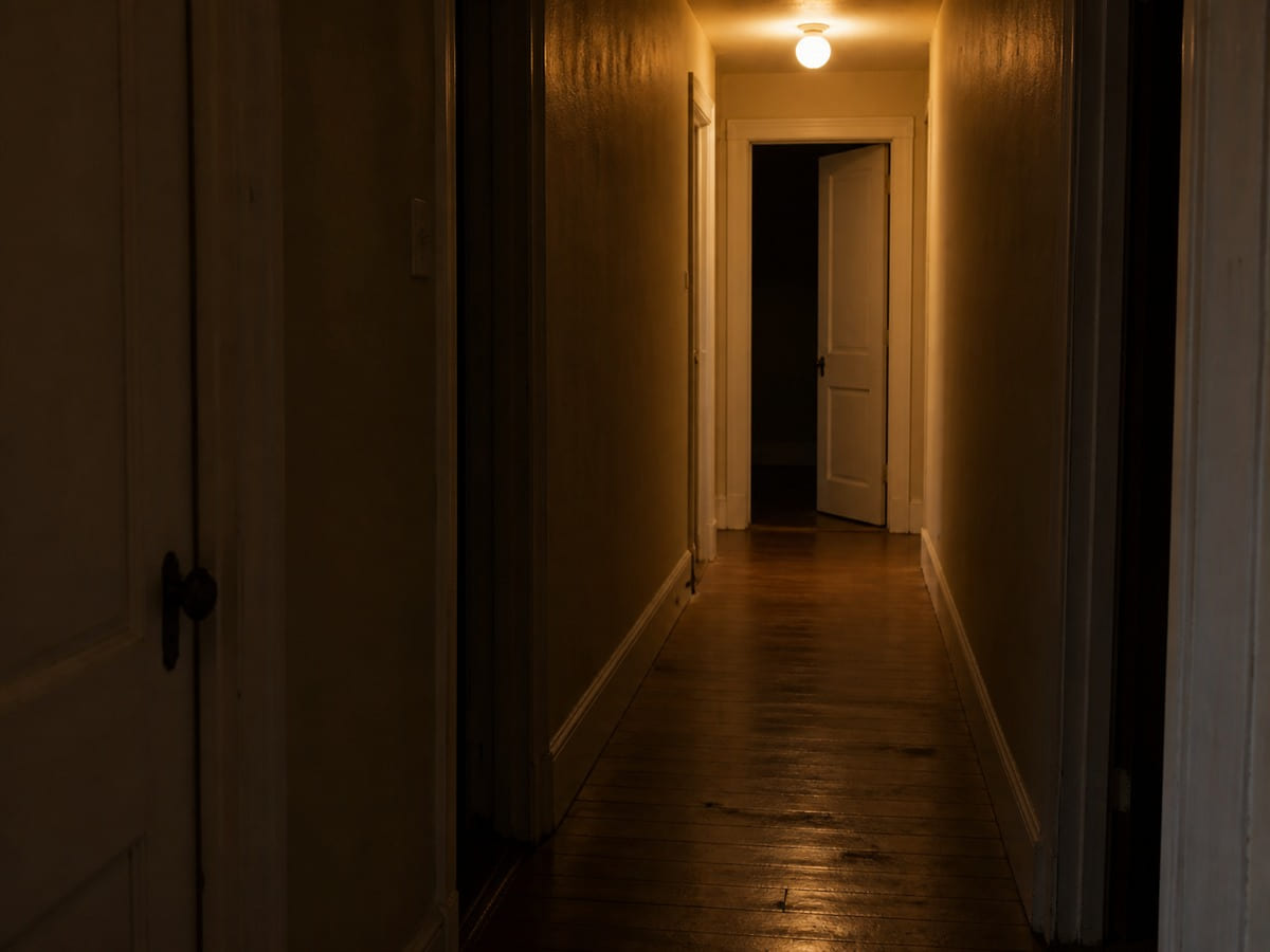 A hallway with a door standing open and a light on at the far end