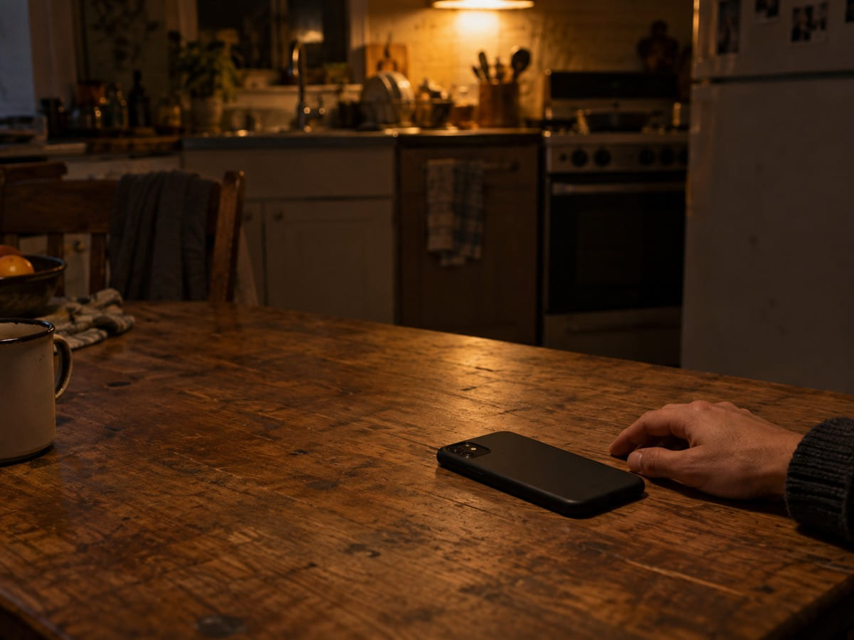 A phone lying face down on a kitchen table, a hand resting beside it