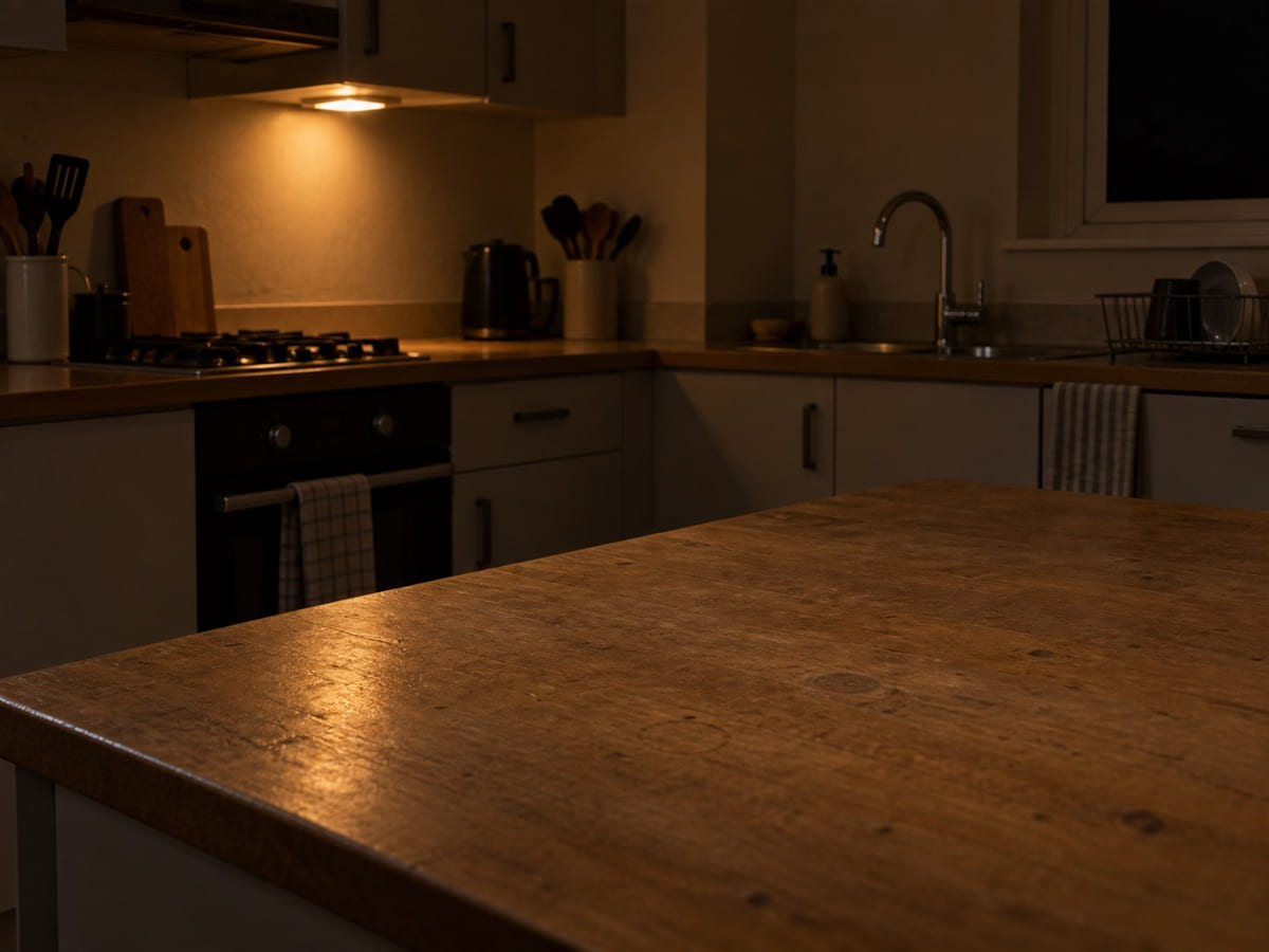 A kitchen worktop at night with everything put away and one light left on
