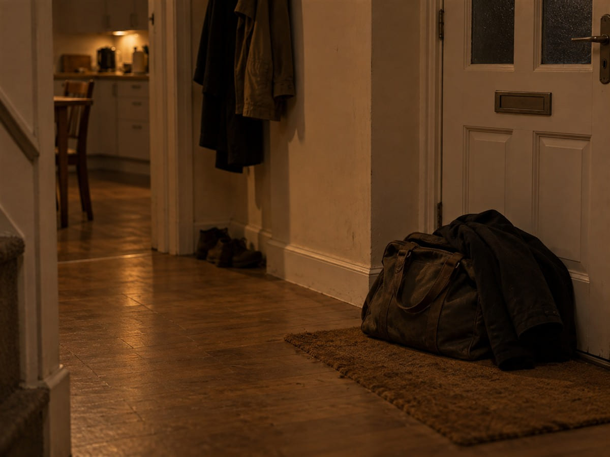 A packed work bag by the front door with a coat over it