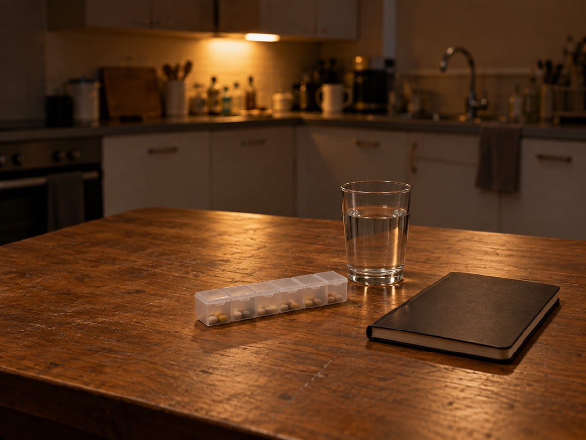 A kitchen counter with a pill organiser, a glass of water and a notebook