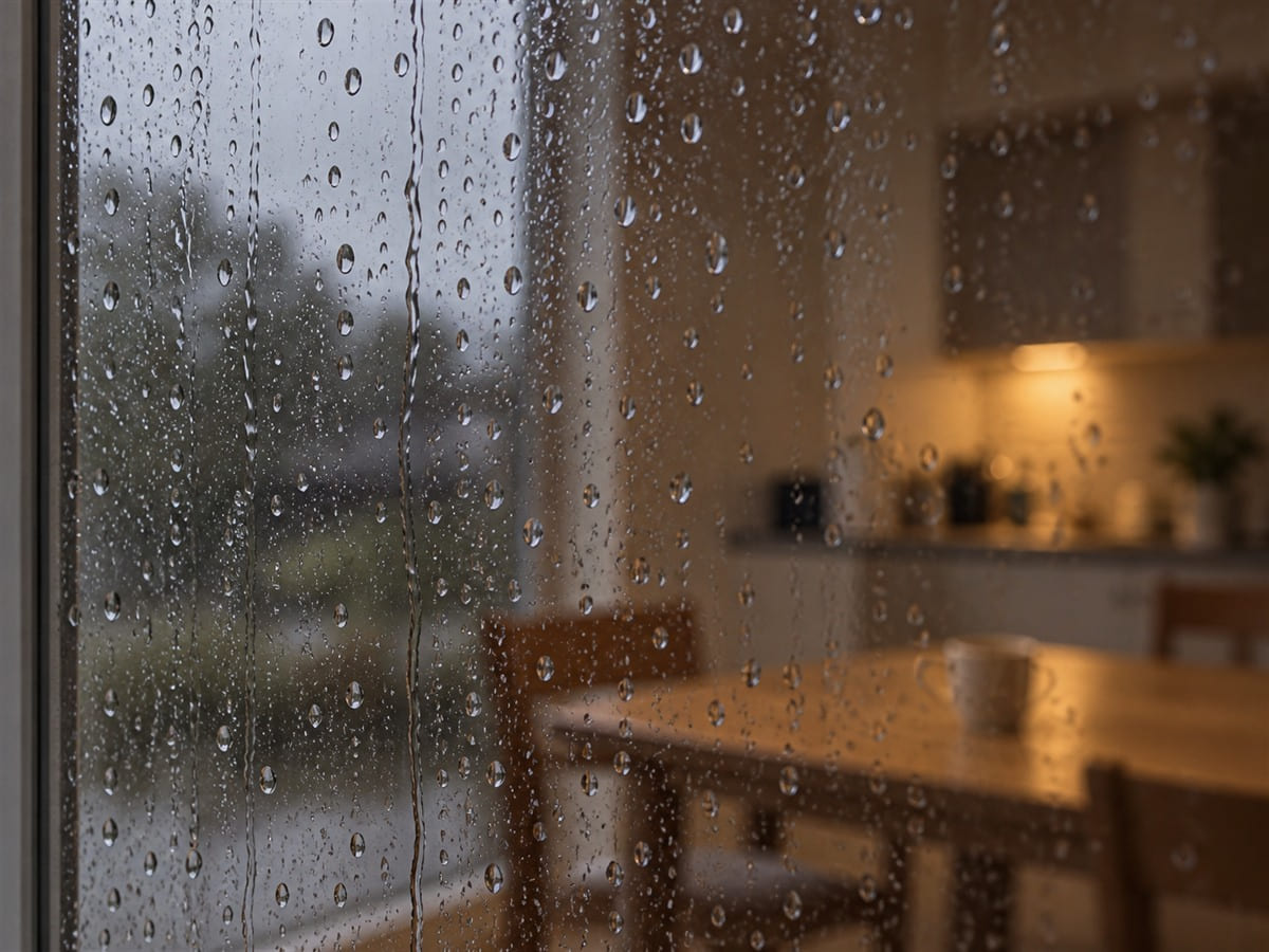 Rain on a window with the room behind it out of focus
