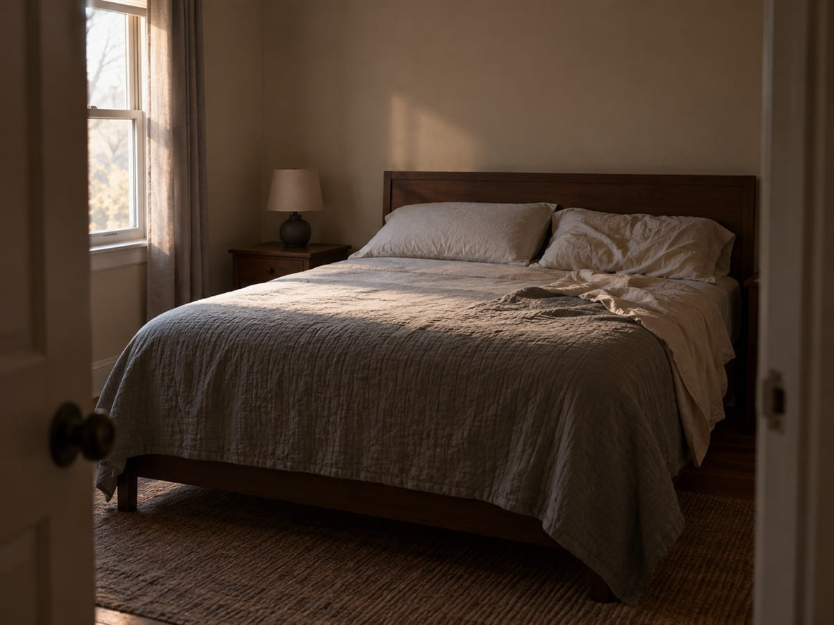 A made bed with one side undisturbed, morning light across it