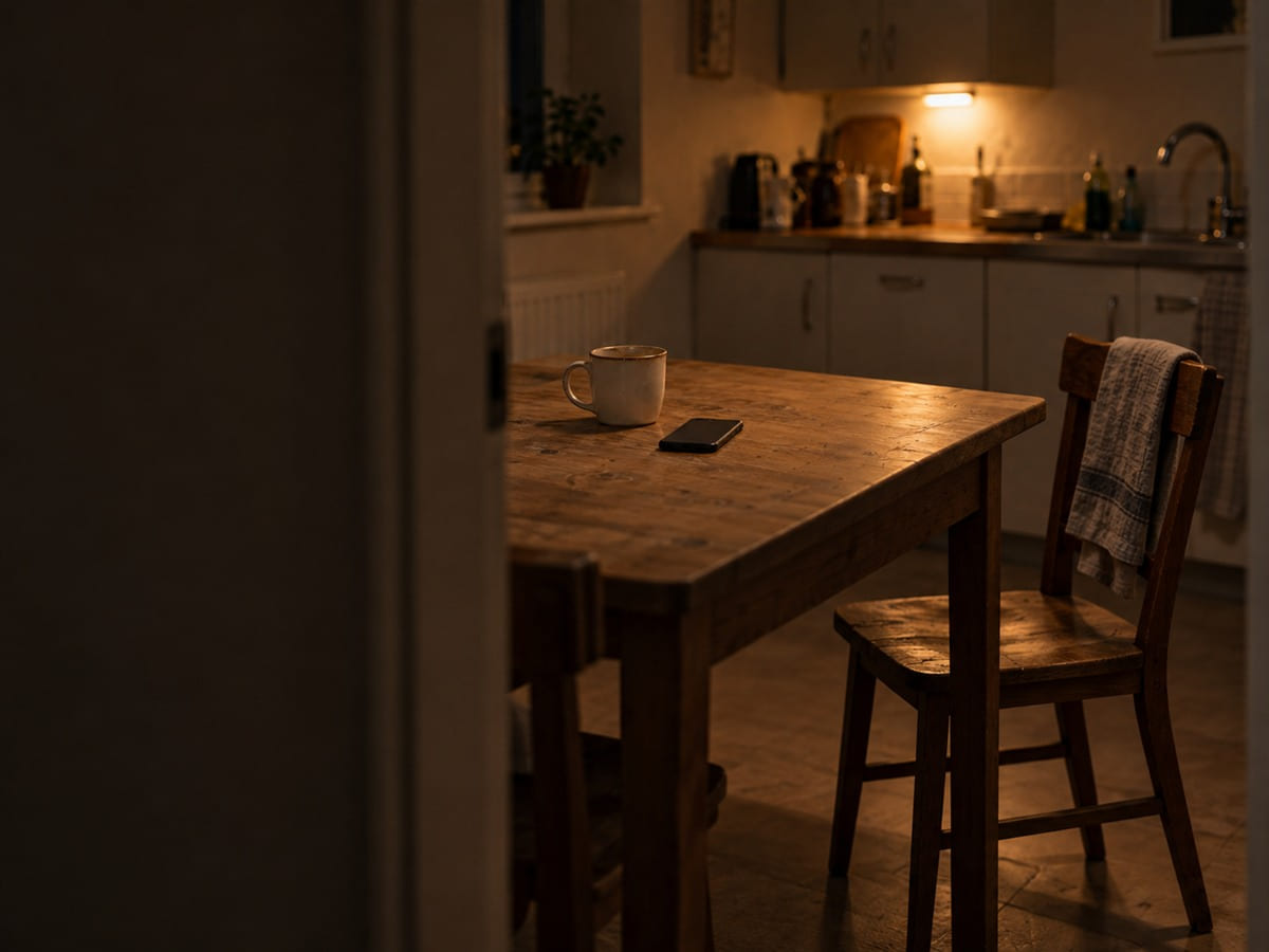 A kitchen chair pushed back from a table, seen from the doorway