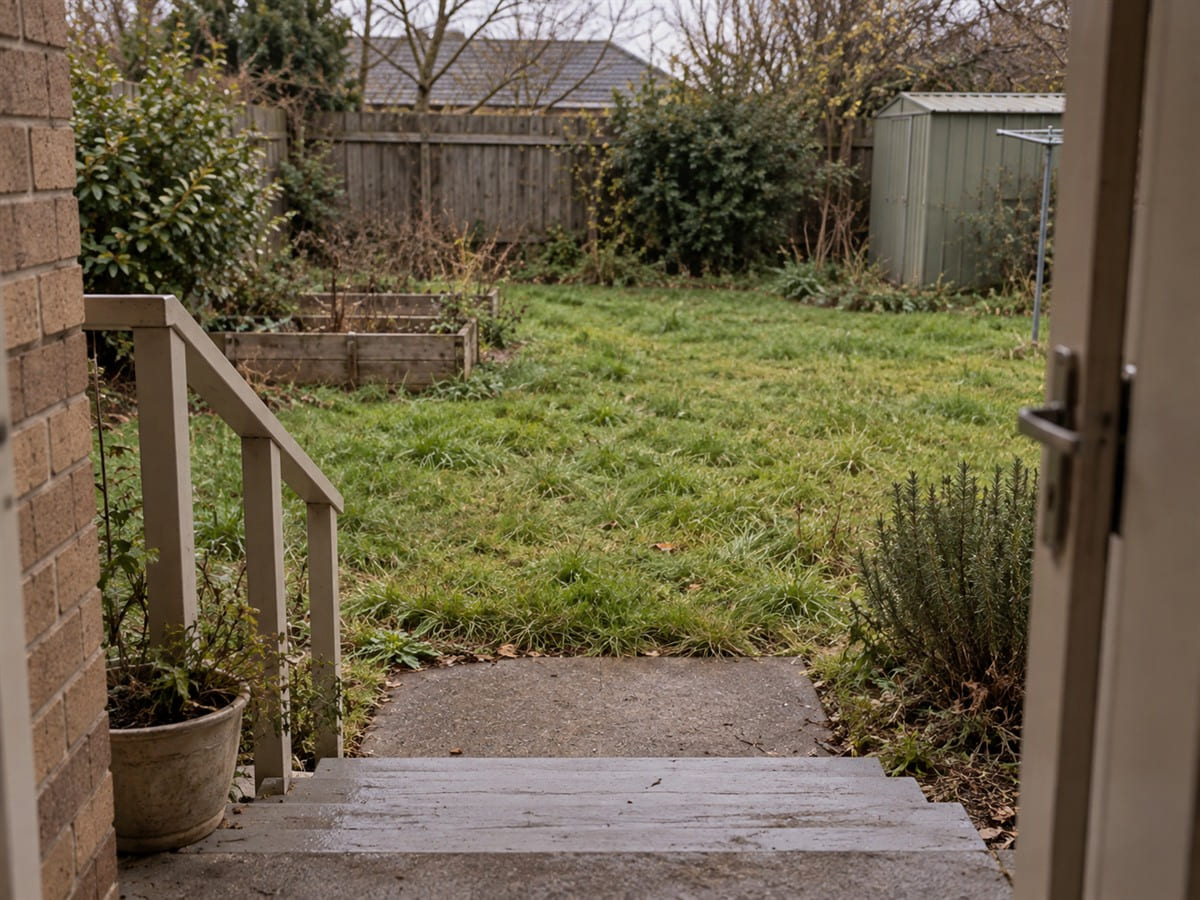 A back step and a garden nobody has tended in a while