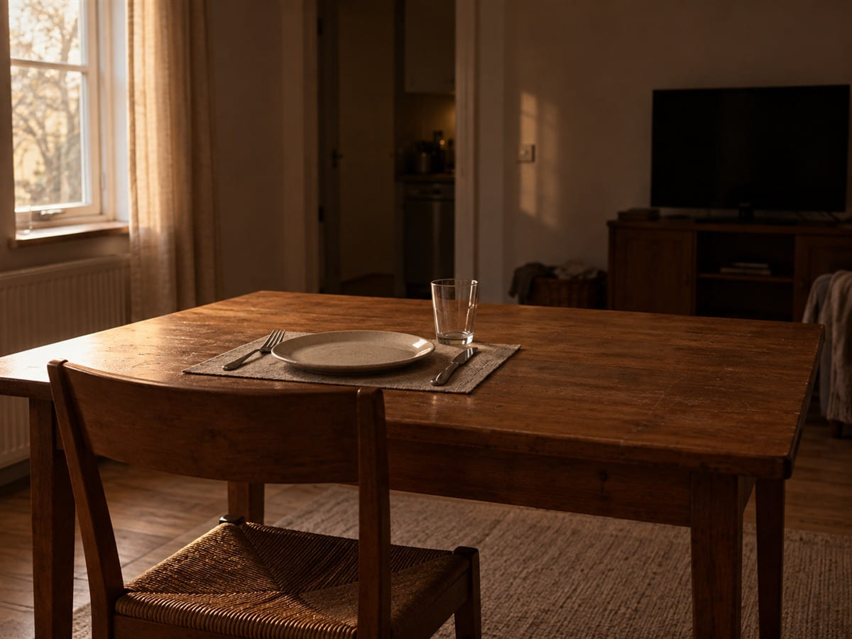 A single chair at a table laid for one