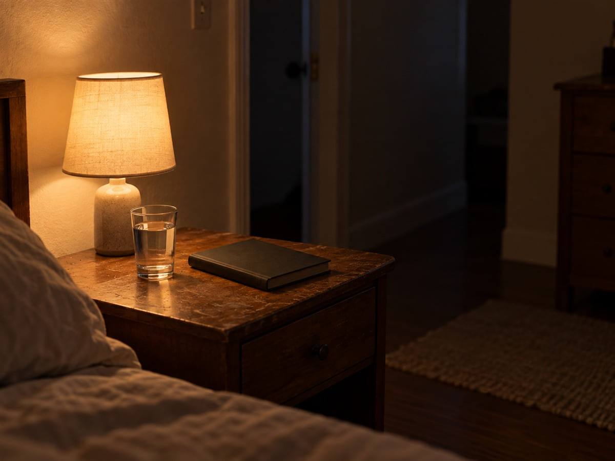 A bedside table in the small hours with the lamp on