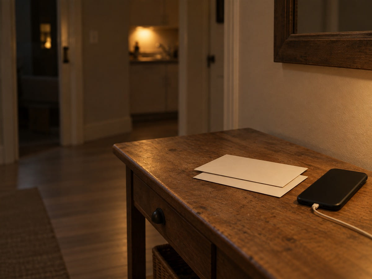 A hall table with unopened post and a phone charging beside it